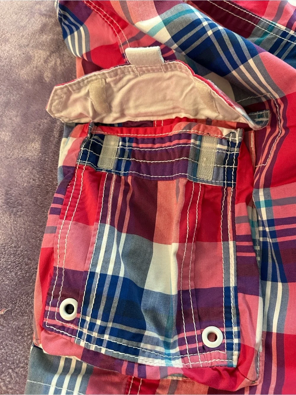 Hollister Red and Blue Plaid Cargo Swim Shorts